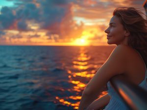 Crucero Silversea navegando al atardecer en el horizonte oceánico