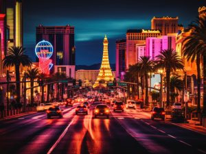Vista panorámica de Las Vegas con luces brillantes y edificios emblemáticos