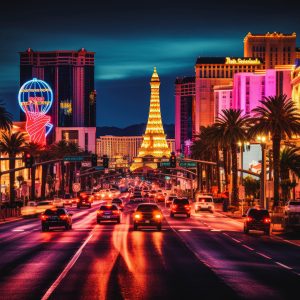 Vista panorámica de Las Vegas con luces brillantes y edificios emblemáticos